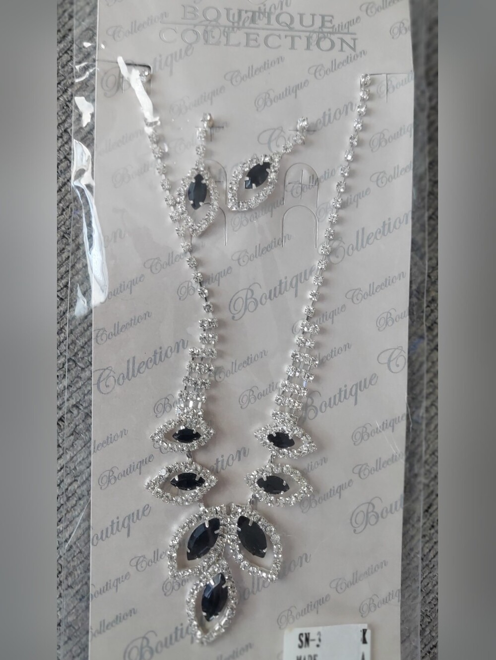Silver-Tone Necklace Set with Black Marquise Stones